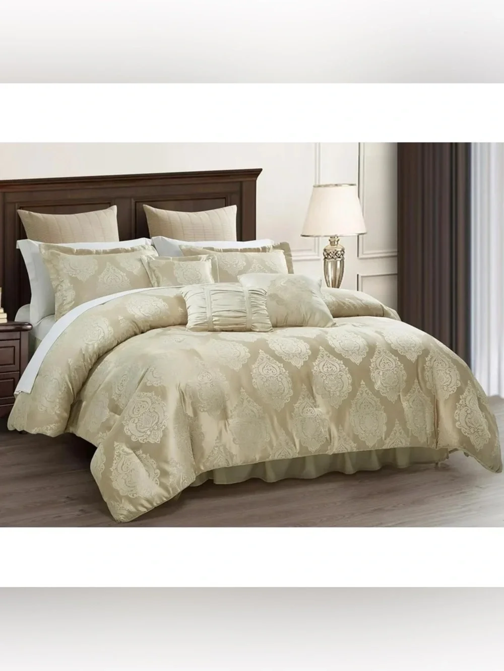 Luxury Damask cal king 3 piece Comforter Set in Beige